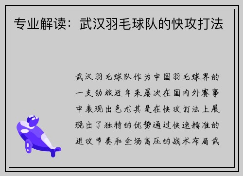 专业解读：武汉羽毛球队的快攻打法