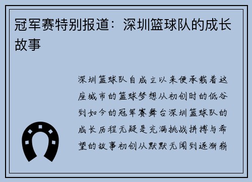 冠军赛特别报道：深圳篮球队的成长故事