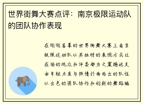 世界街舞大赛点评：南京极限运动队的团队协作表现