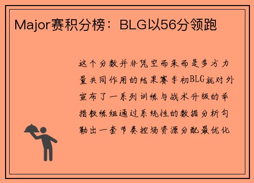 Major赛积分榜：BLG以56分领跑