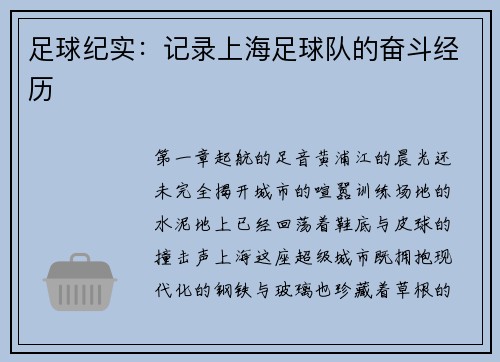 足球纪实：记录上海足球队的奋斗经历