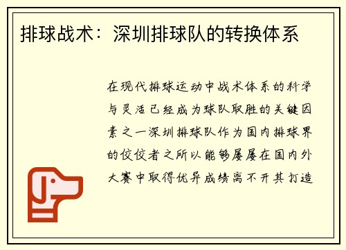 排球战术：深圳排球队的转换体系