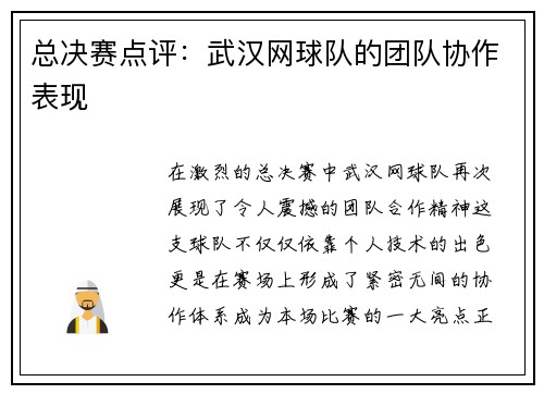总决赛点评：武汉网球队的团队协作表现